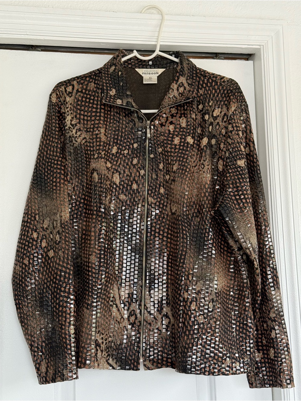 Misook Metallic Brown Snake-Print Zip Jacket
